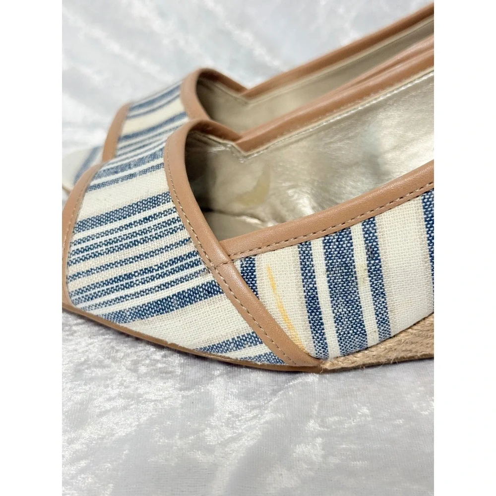 Easy Spirit Brigette Size-8W Blue White Striped Espadrille Wedge Peep Toe Shoes